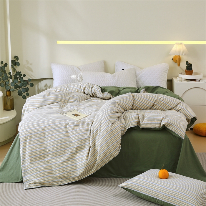 91家纺网 家纺一手货源 找家纺 春皖家纺 2026新款色织AB版水洗棉三件套四件套单品系列（单被套风格一） 素雅-绿条