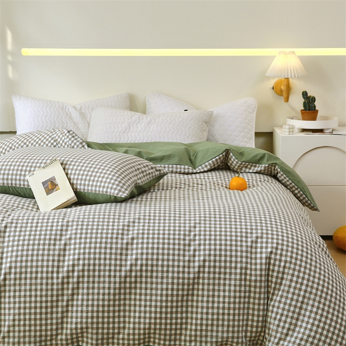 91家纺网 家纺一手货源 找家纺 春皖家纺 2026新款色织AB版水洗棉三件套四件套单品系列（单被套风格一） 素雅-绿格