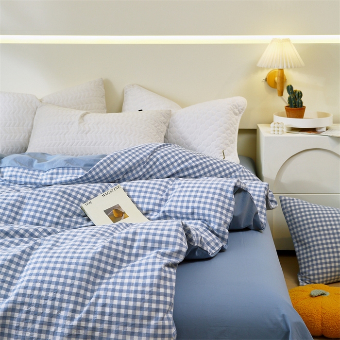 91家纺网 家纺一手货源 找家纺 春皖家纺 2026新款色织AB版水洗棉三件套四件套单品系列（单被套风格一） 素雅-蓝小格