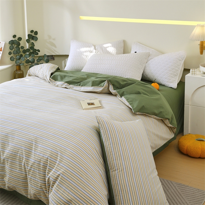 91家纺网 家纺一手货源 找家纺 春皖家纺 2026新款色织AB版水洗棉三件套四件套单品系列（单被套风格一） 素雅-绿条