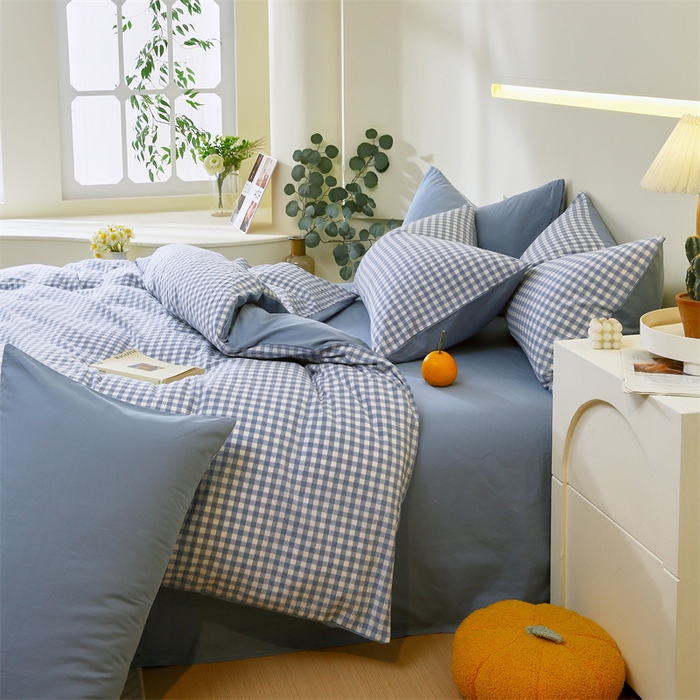 91家纺网 家纺一手货源 找家纺 春皖家纺 2026新款色织AB版水洗棉三件套四件套单品系列（单被套风格一） 素雅-蓝小格