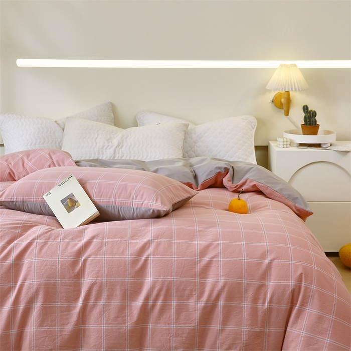 91家纺网 家纺一手货源 找家纺 春皖家纺 2026新款色织AB版水洗棉三件套四件套单品系列（单被套风格一） 素雅-韵粉