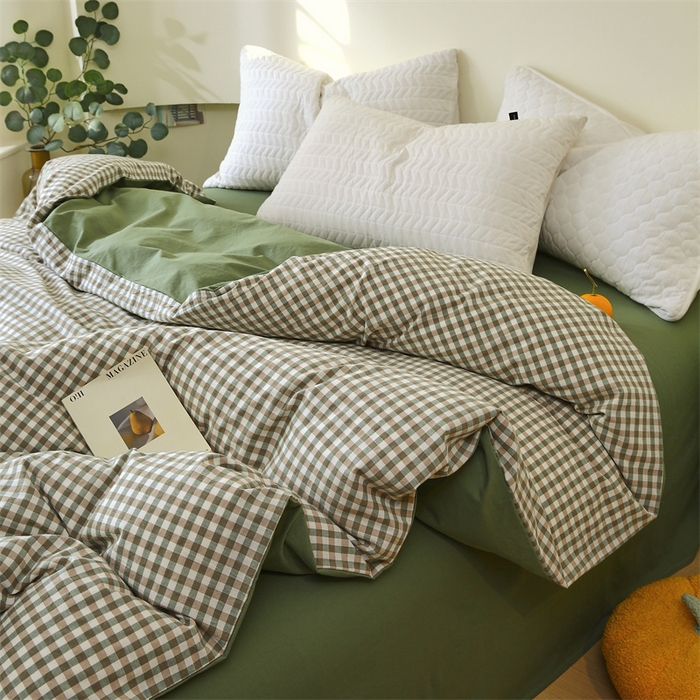 91家纺网 家纺一手货源 找家纺 春皖家纺 2026新款色织AB版水洗棉三件套四件套单品系列（单被套风格一） 素雅-绿格