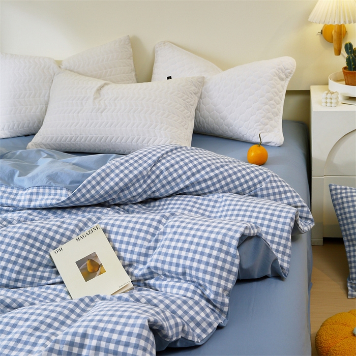91家纺网 家纺一手货源 找家纺 春皖家纺 2026新款色织AB版水洗棉三件套四件套单品系列（单被套风格一） 素雅-蓝小格