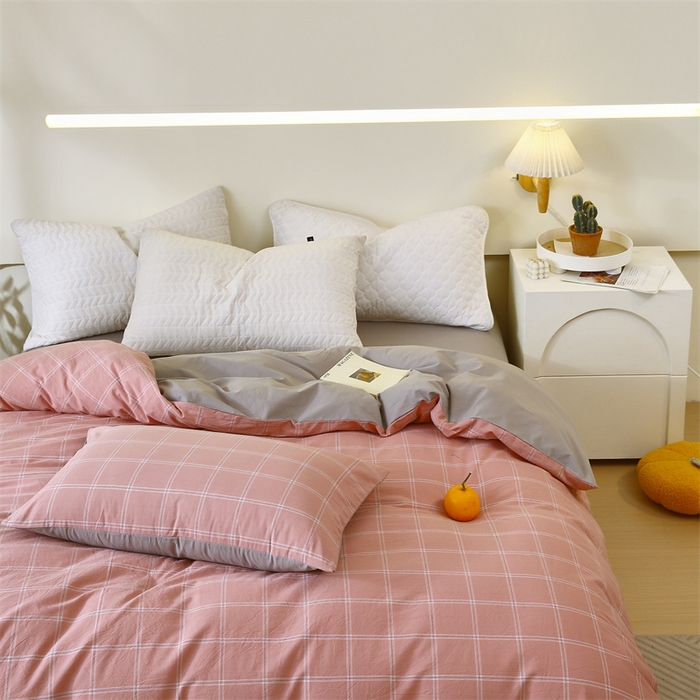 91家纺网 家纺一手货源 找家纺 春皖家纺 2026新款色织AB版水洗棉三件套四件套单品系列（单被套风格一） 素雅-韵粉