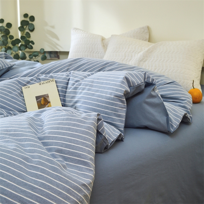 91家纺网 家纺一手货源 找家纺 春皖家纺 2026新款色织AB版水洗棉三件套四件套单品系列（单被套风格一） 素雅-蓝条