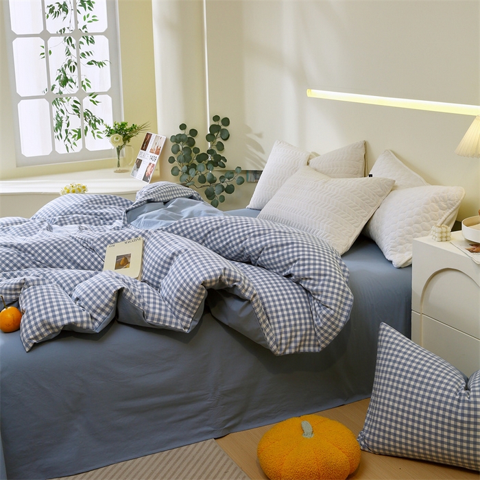 91家纺网 家纺一手货源 找家纺 春皖家纺 2026新款色织AB版水洗棉三件套四件套单品系列（单被套风格一） 素雅-蓝小格