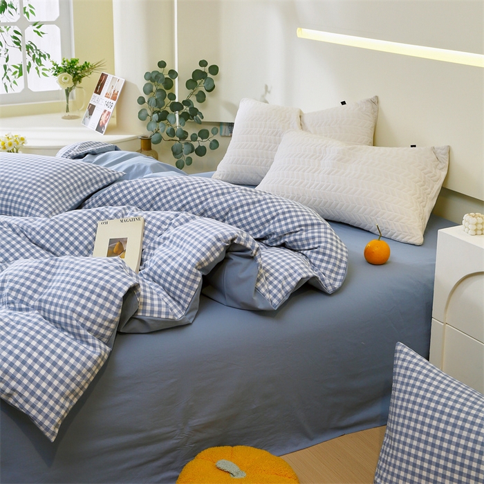 91家纺网 家纺一手货源 找家纺 春皖家纺 2026新款色织AB版水洗棉三件套四件套单品系列（单被套风格一） 素雅-蓝小格