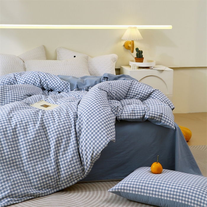 91家纺网 家纺一手货源 找家纺 春皖家纺 2026新款色织AB版水洗棉三件套四件套单品系列（单被套风格一） 素雅-蓝小格