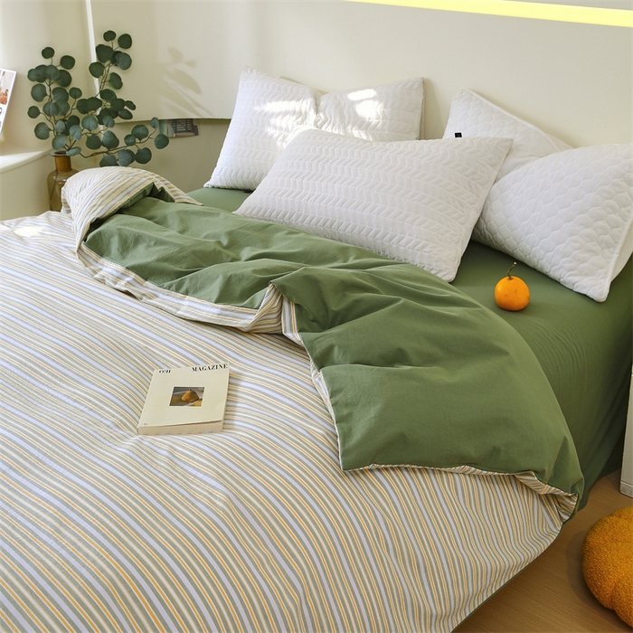 91家纺网 家纺一手货源 找家纺 春皖家纺 2026新款色织AB版水洗棉三件套四件套单品系列（单被套风格一） 素雅-绿条