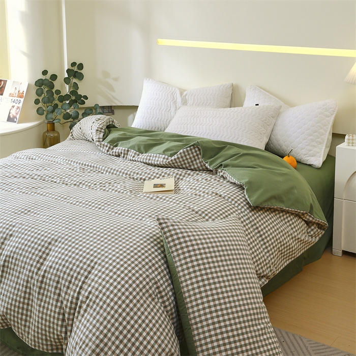 91家纺网 家纺一手货源 找家纺 春皖家纺 2026新款色织AB版水洗棉三件套四件套单品系列（单被套风格一） 素雅-绿格