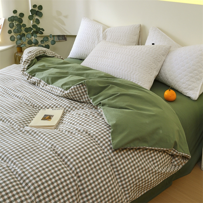 91家纺网 家纺一手货源 找家纺 春皖家纺 2026新款色织AB版水洗棉三件套四件套单品系列（单被套风格一） 素雅-绿格
