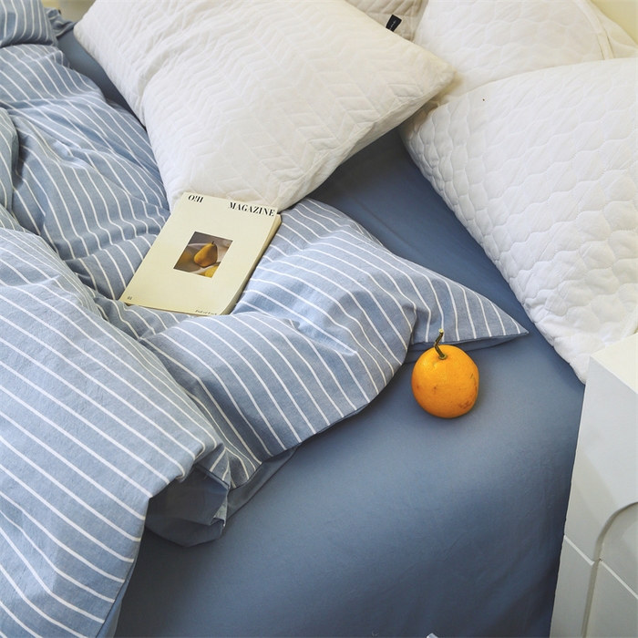 91家纺网 家纺一手货源 找家纺 春皖家纺 2026新款色织AB版水洗棉三件套四件套单品系列（单被套风格一） 素雅-蓝条
