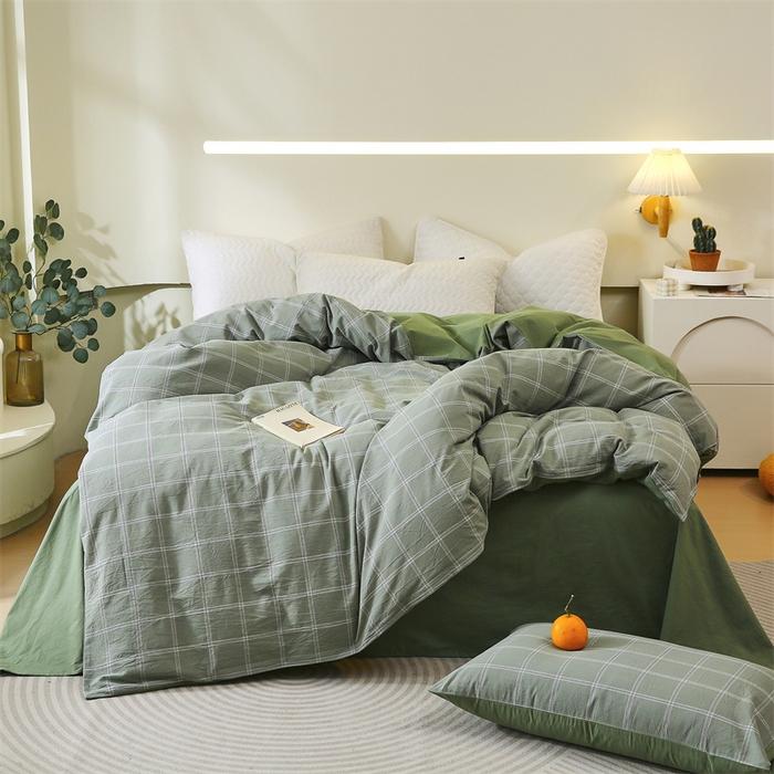 91家纺网 家纺一手货源 找家纺 春皖家纺 2026新款色织AB版水洗棉三件套四件套单品系列（单被套风格一） 素雅-韵绿