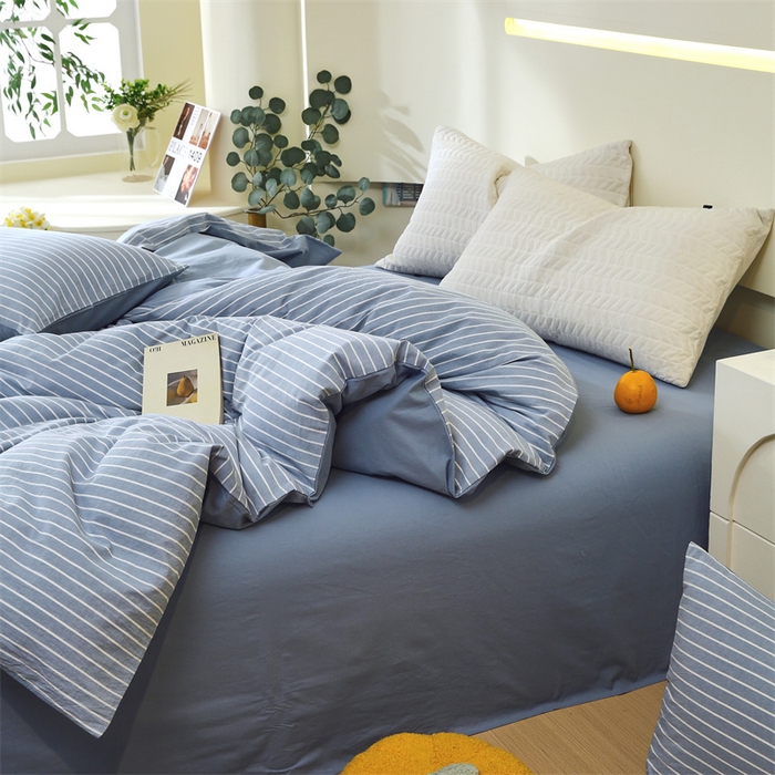 91家纺网 家纺一手货源 找家纺 春皖家纺 2026新款色织AB版水洗棉三件套四件套单品系列（单被套风格一） 素雅-蓝条