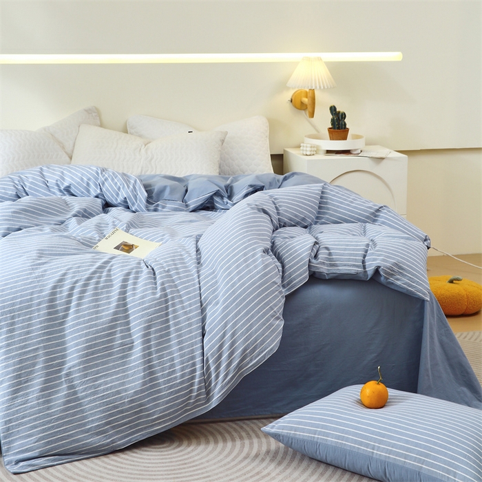 91家纺网 家纺一手货源 找家纺 春皖家纺 2026新款色织AB版水洗棉三件套四件套单品系列（单被套风格一） 素雅-蓝条