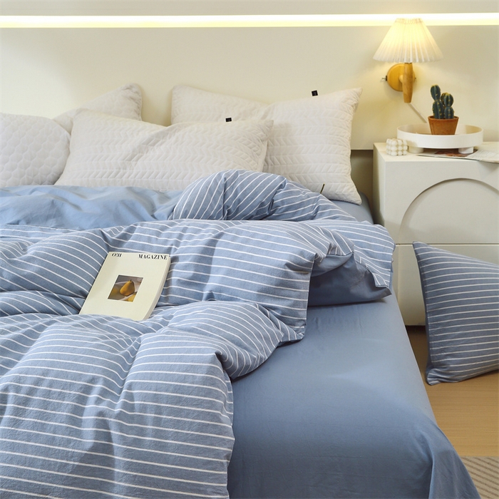 91家纺网 家纺一手货源 找家纺 春皖家纺 2026新款色织AB版水洗棉三件套四件套单品系列（单被套风格一） 素雅-蓝条