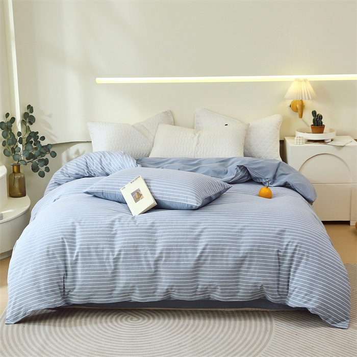 91家纺网 家纺一手货源 找家纺 春皖家纺 2026新款色织AB版水洗棉三件套四件套单品系列（单被套风格一） 素雅-蓝条