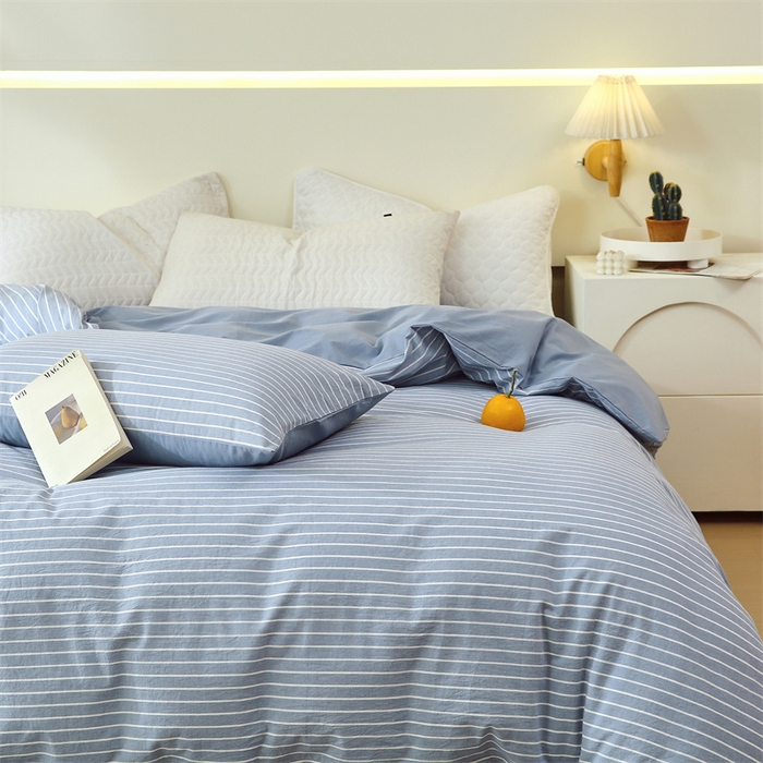 91家纺网 家纺一手货源 找家纺 春皖家纺 2026新款色织AB版水洗棉三件套四件套单品系列（单被套风格一） 素雅-蓝条