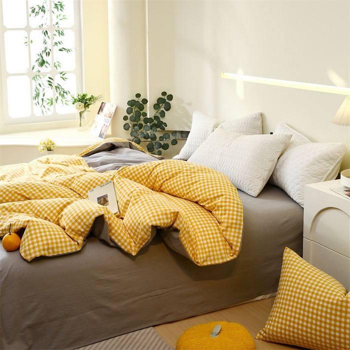 91家纺网 家纺一手货源 找家纺 春皖家纺 2026新款色织AB版水洗棉三件套四件套单品系列（单被套风格一） 朱羽-黄格