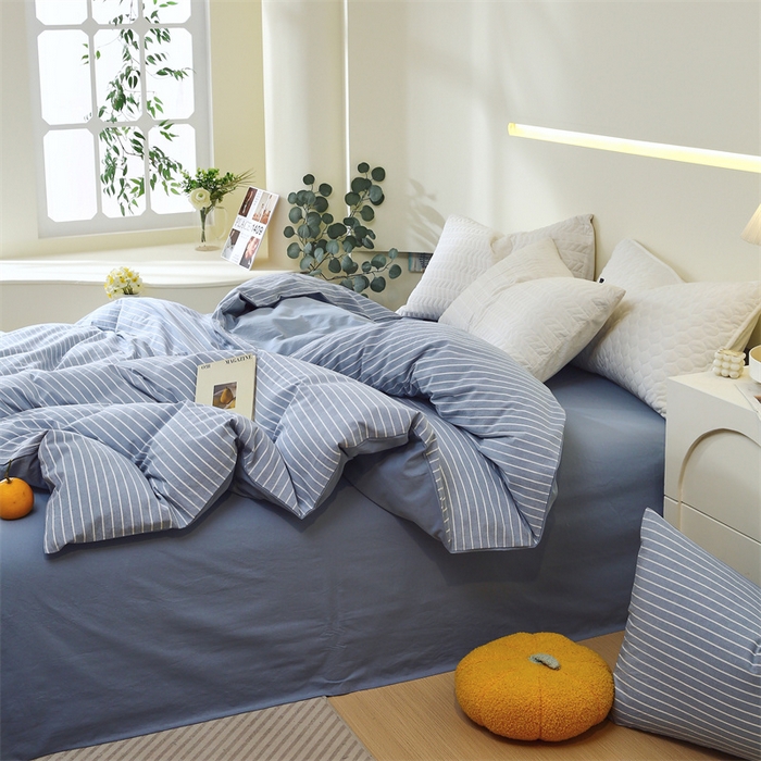 91家纺网 家纺一手货源 找家纺 春皖家纺 2026新款色织AB版水洗棉三件套四件套单品系列（单被套风格一） 素雅-蓝条