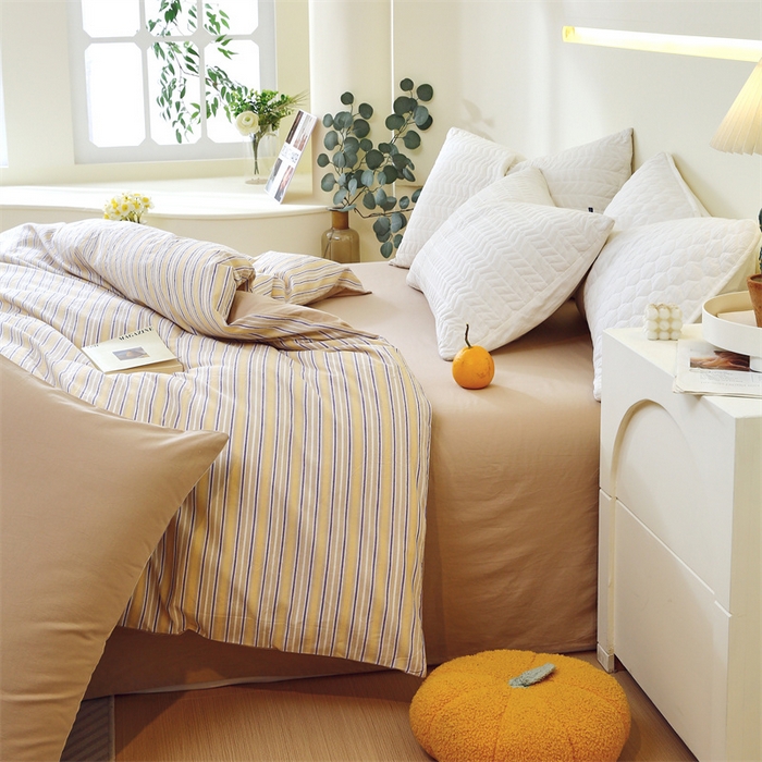 91家纺网 家纺一手货源 找家纺 春皖家纺 2026新款色织AB版水洗棉三件套四件套单品系列（单被套风格一） 素雅-杏黄纹