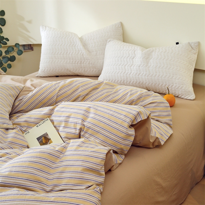 91家纺网 家纺一手货源 找家纺 春皖家纺 2026新款色织AB版水洗棉三件套四件套单品系列（单被套风格一） 素雅-杏黄纹