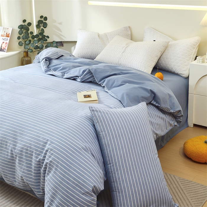 91家纺网 家纺一手货源 找家纺 春皖家纺 2026新款色织AB版水洗棉三件套四件套单品系列（单被套风格一） 素雅-蓝条