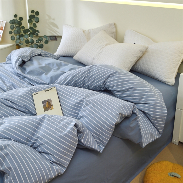 91家纺网 家纺一手货源 找家纺 春皖家纺 2026新款色织AB版水洗棉三件套四件套单品系列（单被套风格一） 素雅-蓝条