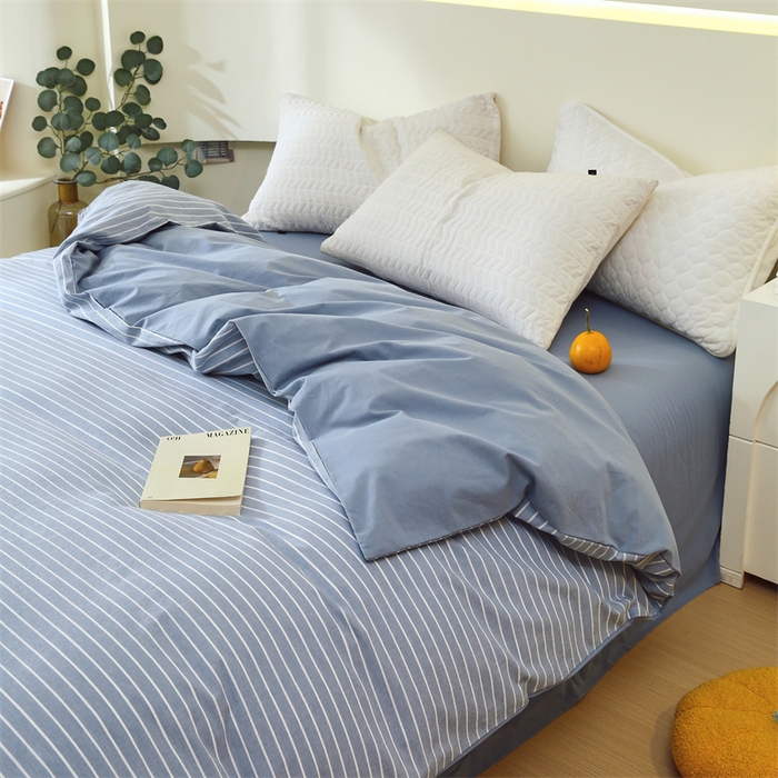 91家纺网 家纺一手货源 找家纺 春皖家纺 2026新款色织AB版水洗棉三件套四件套单品系列（单被套风格一） 素雅-蓝条