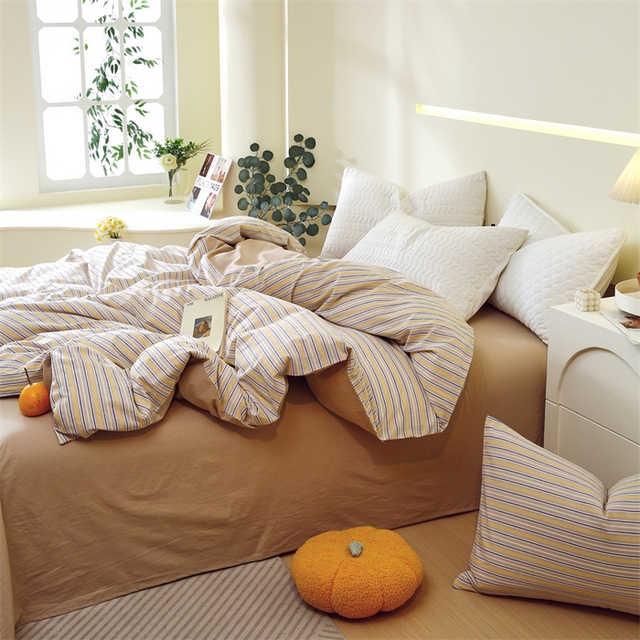 91家纺网 家纺一手货源 找家纺 春皖家纺 2026新款色织AB版水洗棉三件套四件套单品系列（单被套风格一） 素雅-杏黄纹