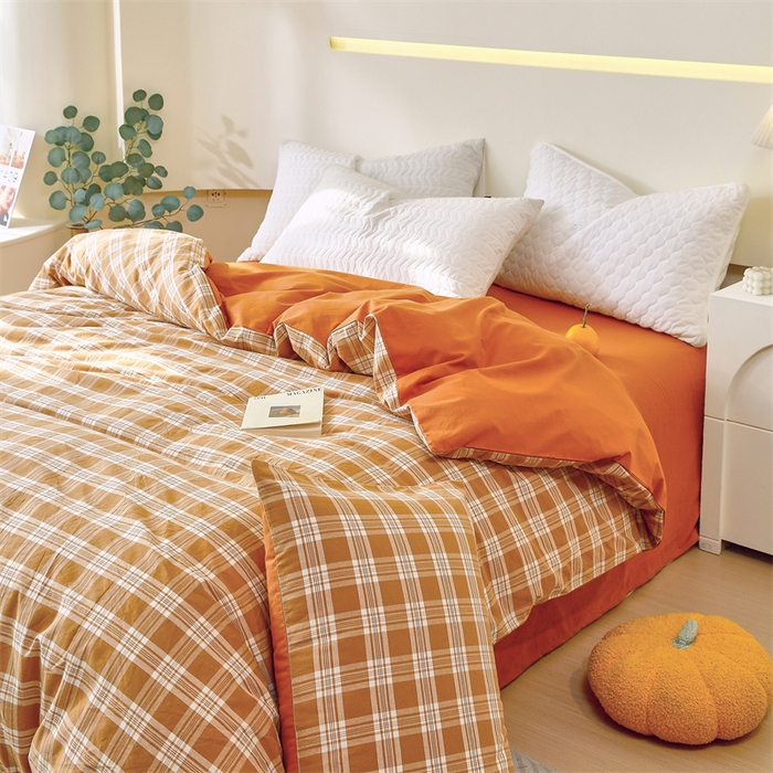 91家纺网 家纺一手货源 找家纺 春皖家纺 2026新款色织AB版水洗棉三件套四件套单品系列（单被套风格一） 素雅黄格