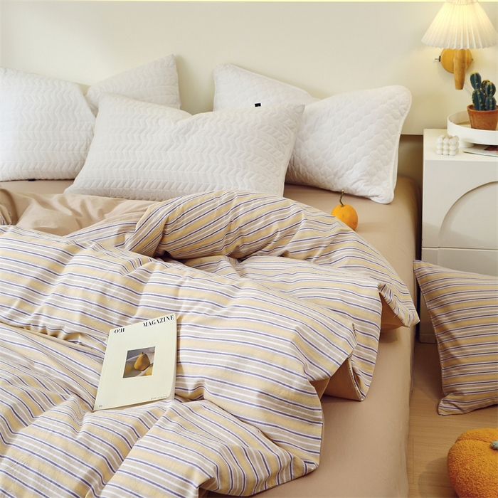 91家纺网 家纺一手货源 找家纺 春皖家纺 2026新款色织AB版水洗棉三件套四件套单品系列（单被套风格一） 素雅-杏黄纹