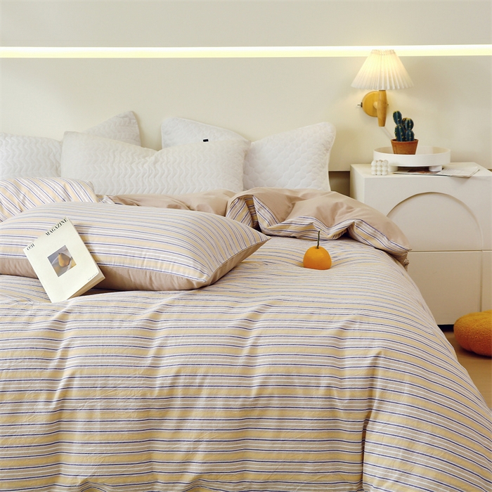 91家纺网 家纺一手货源 找家纺 春皖家纺 2026新款色织AB版水洗棉三件套四件套单品系列（单被套风格一） 素雅-杏黄纹