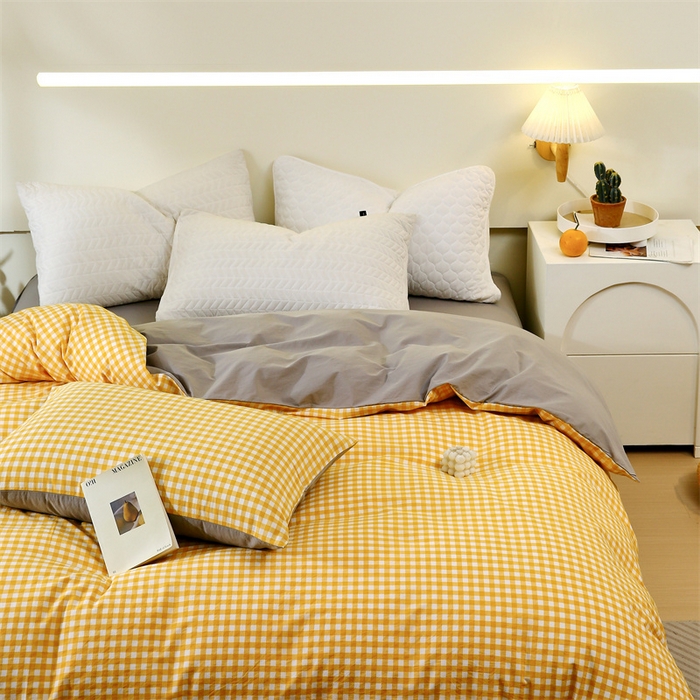 91家纺网 家纺一手货源 找家纺 春皖家纺 2026新款色织AB版水洗棉三件套四件套单品系列（单被套风格一） 朱羽-黄格