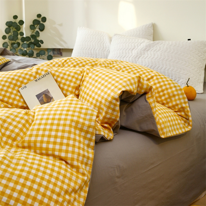 91家纺网 家纺一手货源 找家纺 春皖家纺 2026新款色织AB版水洗棉三件套四件套单品系列（单被套风格一） 朱羽-黄格