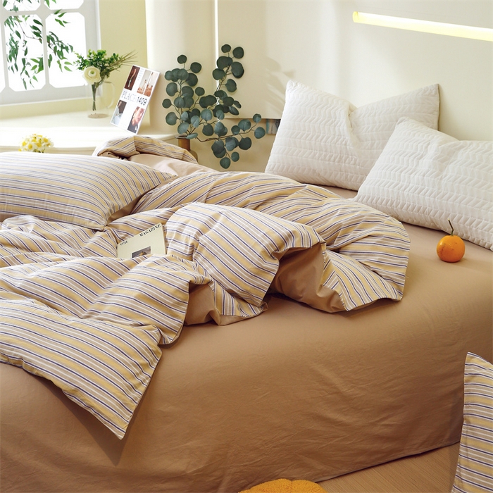 91家纺网 家纺一手货源 找家纺 春皖家纺 2026新款色织AB版水洗棉三件套四件套单品系列（单被套风格一） 素雅-杏黄纹