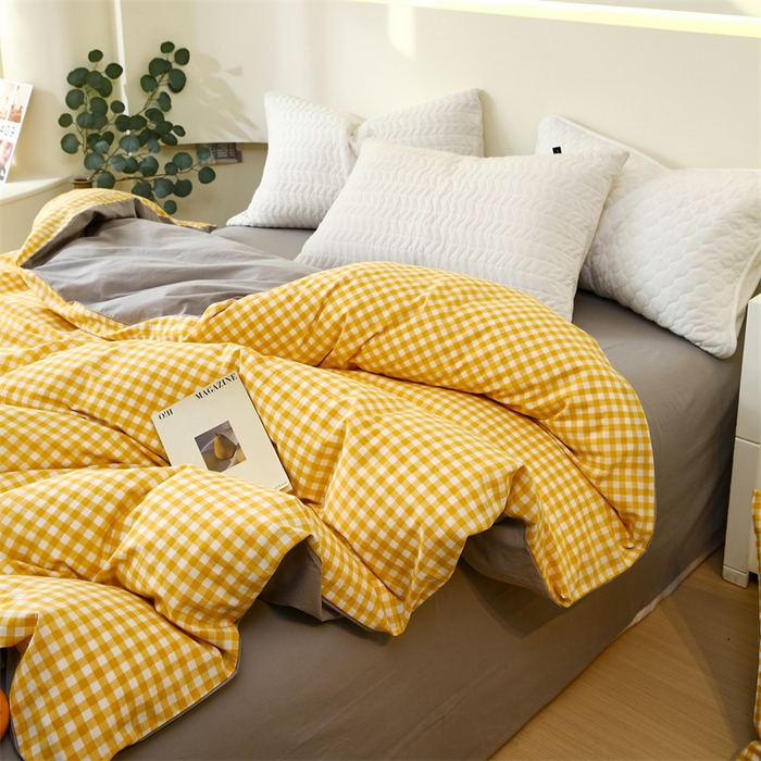 91家纺网 家纺一手货源 找家纺 春皖家纺 2026新款色织AB版水洗棉三件套四件套单品系列（单被套风格一） 朱羽-黄格