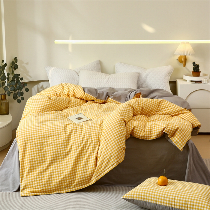 91家纺网 家纺一手货源 找家纺 春皖家纺 2026新款色织AB版水洗棉三件套四件套单品系列（单被套风格一） 朱羽-黄格