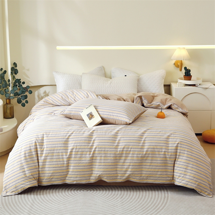 91家纺网 家纺一手货源 找家纺 春皖家纺 2026新款色织AB版水洗棉三件套四件套单品系列（单被套风格一） 素雅-杏黄纹