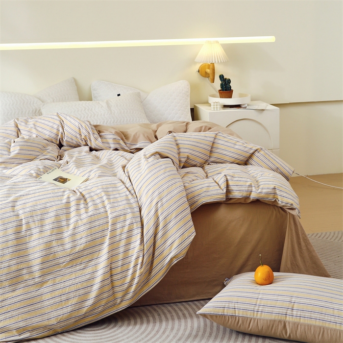 91家纺网 家纺一手货源 找家纺 春皖家纺 2026新款色织AB版水洗棉三件套四件套单品系列（单被套风格一） 素雅-杏黄纹