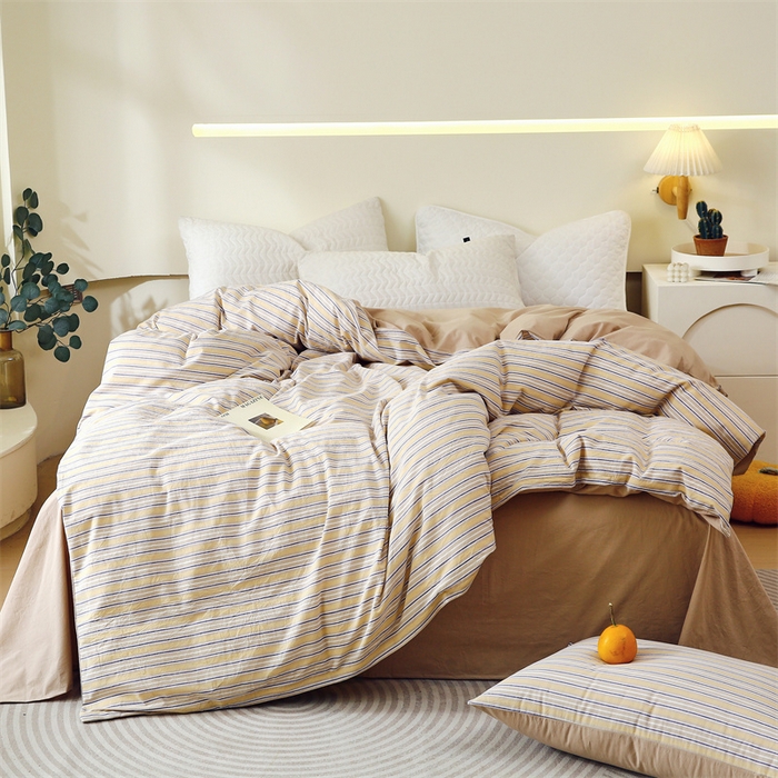 91家纺网 家纺一手货源 找家纺 春皖家纺 2026新款色织AB版水洗棉三件套四件套单品系列（单被套风格一） 素雅-杏黄纹