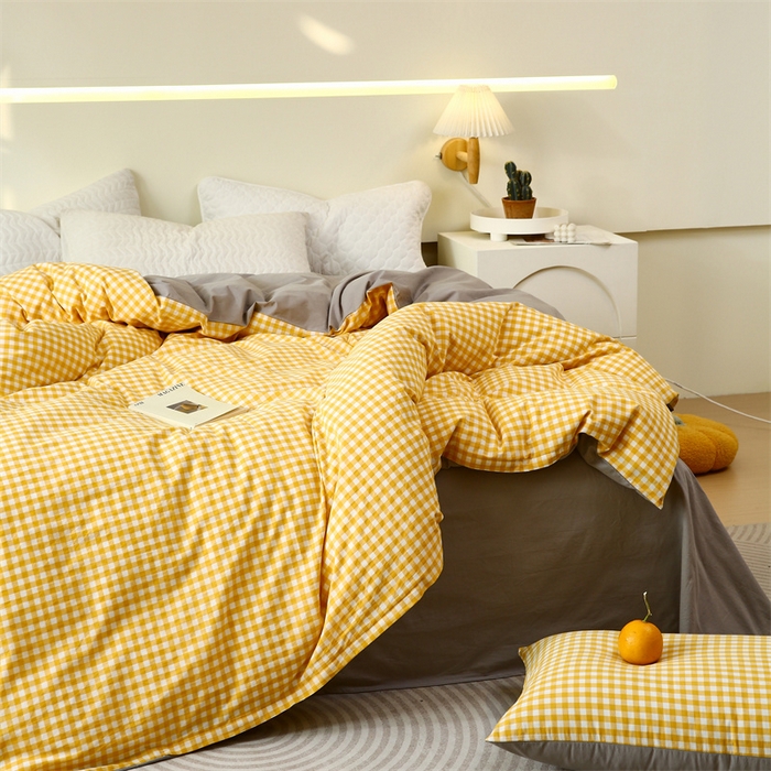 91家纺网 家纺一手货源 找家纺 春皖家纺 2026新款色织AB版水洗棉三件套四件套单品系列（单被套风格一） 朱羽-黄格