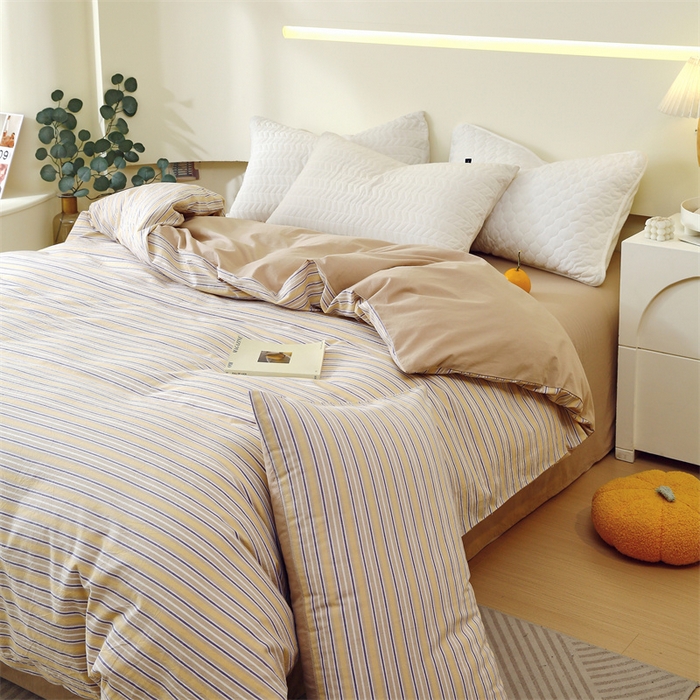 91家纺网 家纺一手货源 找家纺 春皖家纺 2026新款色织AB版水洗棉三件套四件套单品系列（单被套风格一） 素雅-杏黄纹