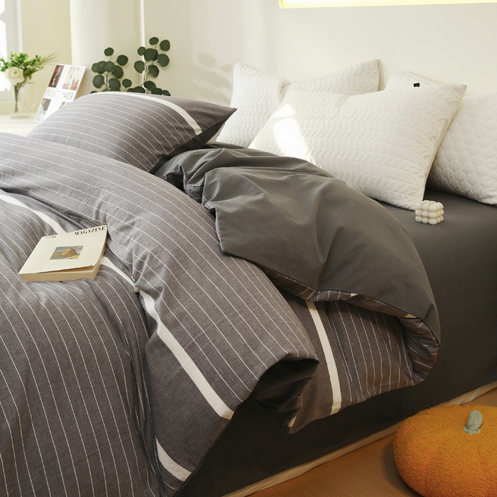 春皖家纺 2026新款色织AB版水洗棉三件套四件套单品系列（单被套风格一） 素雅-灰条