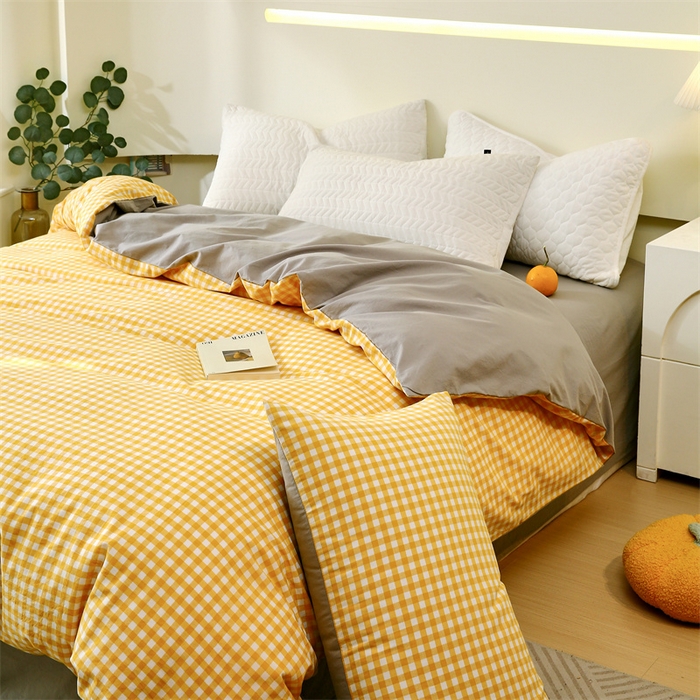 91家纺网 家纺一手货源 找家纺 春皖家纺 2026新款色织AB版水洗棉三件套四件套单品系列（单被套风格一） 朱羽-黄格