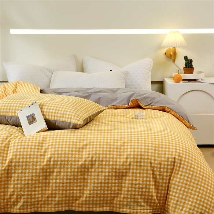 91家纺网 家纺一手货源 找家纺 春皖家纺 2026新款色织AB版水洗棉三件套四件套单品系列（单被套风格一） 朱羽-黄格