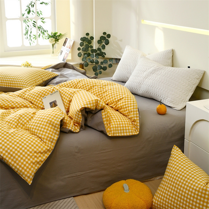 91家纺网 家纺一手货源 找家纺 春皖家纺 2026新款色织AB版水洗棉三件套四件套单品系列（单被套风格一） 朱羽-黄格