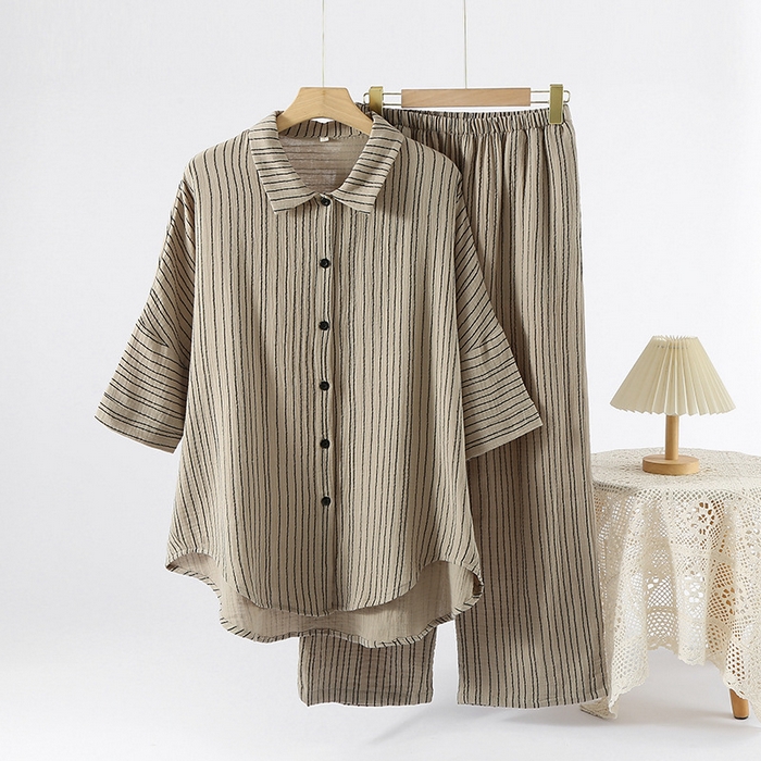 （总）洛兰沙家居馆 春季新款纯棉条纹睡衣女两件套八分袖长裤衬衫领开衫家居服女薄款