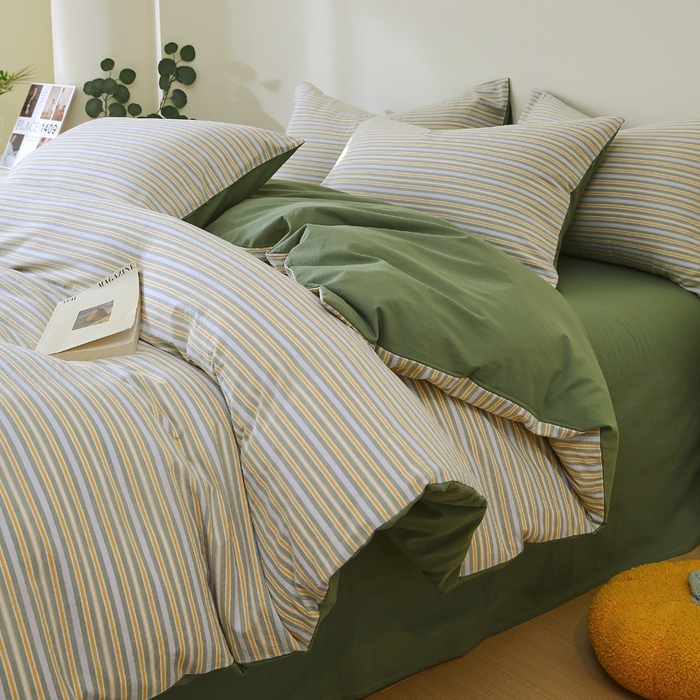 春皖家纺 2026新款色织AB版水洗棉三件套四件套单品系列（单被套风格一） 素雅-绿条